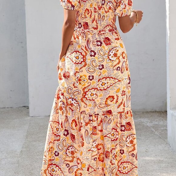 Womens Summer Boho Floral Maxi Dress V Neck Puff Short Sleeve Flowy - Picture 5 of 6